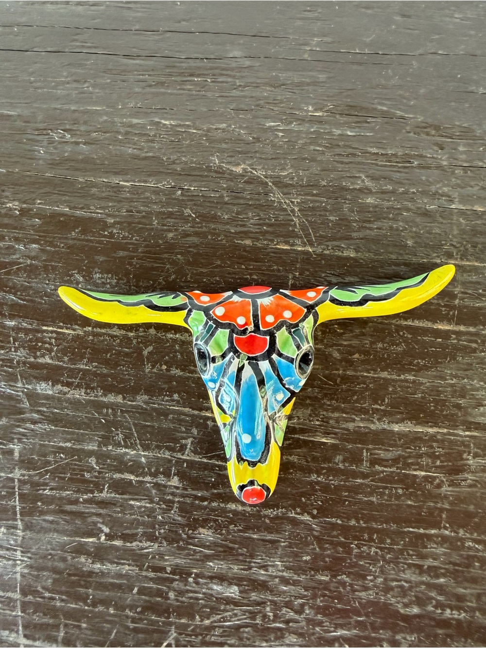 Hand-Painted Yellow Multi-Color Talavera Bull Skull Wall Decor